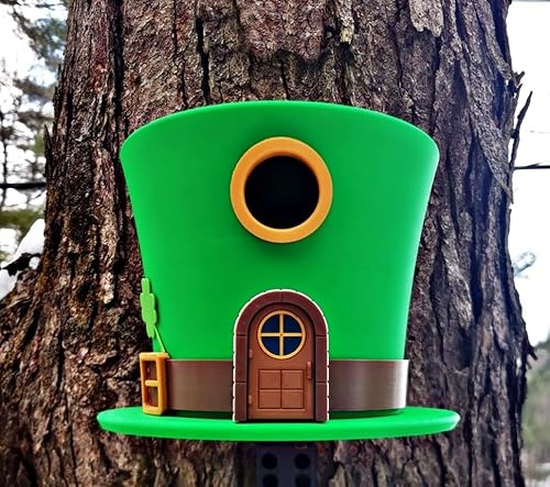 Casa de pájaros con sombrero de duende | Decoración de jardín verde caprichosa | Casa de pájaros al aire libre para pájaros pequeños | Diseño PETG resistente a la intemperie