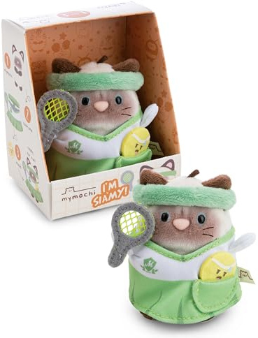NICI Set av gosedjur, Siamkatt Siamy, 8,5 x 6,5 x 10 cm, 8 cm, brun - 62903 | Med tennisboll och tenniskostym i presentförpackning, mymochi-design, mjuk och gosig figur för barn och vuxna