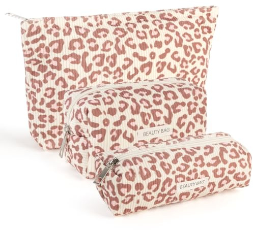 Koytoy Kosmetiktasche, 3 Stück Kosmetiktasche Klein- Tasche aus Cord mit Metallreißverschluss, ideal als Schminktasche für Frauen auf Reisen (Pink Panther)
