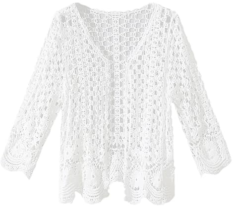 Generisch 2026 Cardigan d'été à manches longues pour femme - Ajouré - Tricot au crochet fleuri - Ouvert sur le devant - Maille ondulée - Manteau de plage - Blanc - Taille unique