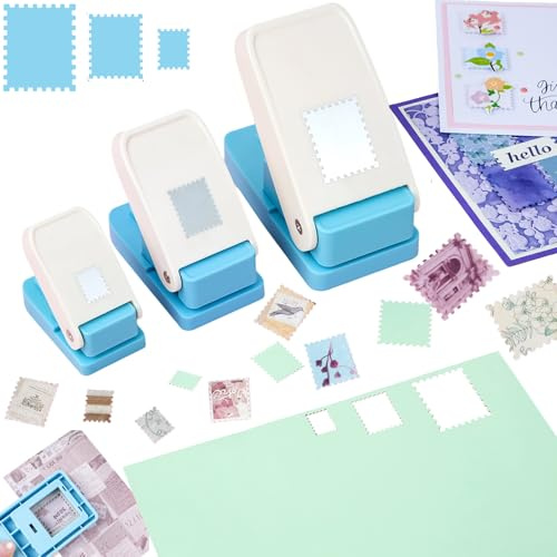 3 Pcs Stamp Punch, 1.5x1.25 Large Rectangle Postage Stamps Punch, 1x0.8 Medium Stamp Cutter, 0.6x0.5 Mini Stamps Puncher, Craft Lever Junk Journal Paper Punches for Crafting DIY Scrapbooking