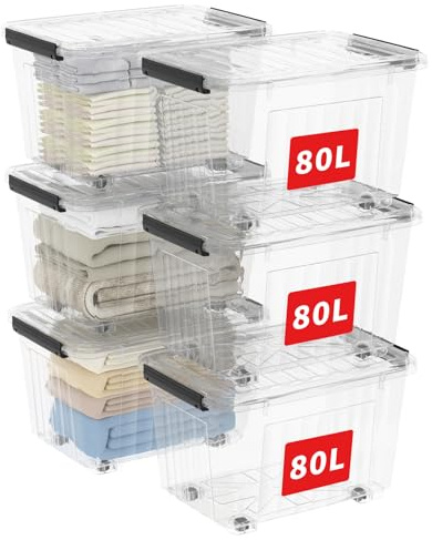 Cetomo 80L*6 Cajas de Almacenamiento con Tapas, Contenedores de Plástico con Ruedas, Clip On, Apilables, Encajables, Organizador Rayado para Oficina en Casa, Transparente, 80L-6 Pack