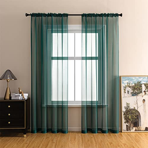 GYROHOME Basic Rod Pocket Sheer Voile Curtain, Sunlight Filtering Protect Privacy Polyester Sheer for Bedroom Patio Door Set of 2Panels, Dark Green, 107x229cm
