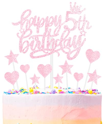 mciskin Pink Happy 5th Birthday Cake Toppers for Cake, Girls 5th Birthday Decorations,Personalised Cake Toppers for Girls,Glitter 5 Cake Topper Pink Cupcake Topper for Party Cake Decoration