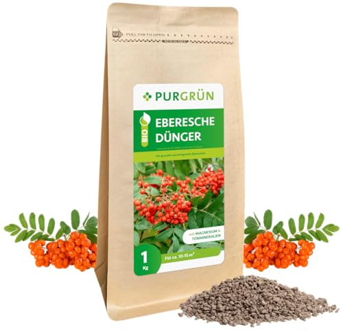 Purgrün® Bio-Eberesche-Dünger 1 kg – Organisch-mineralische Rezeptur – Feinkörniges Krümelgranulat – NPK 6+3+8 – Mit Magnesium für prächtige Beeren – Verbessert die Bodenqualität
