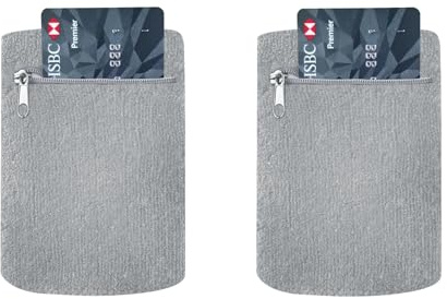 Handledsväska set om 2, svettband, armband med dragkedjeficka för löpning, jogging, promenader, cykling och yoga etc (ljusgrå)