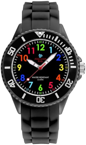 Alienwork Kids Lernuhr Kinderuhr Jungen Mädchen Schwarz Silikon-Armband Mehrfarbig Kinder-Uhr Wasserdicht 5 ATM Zeit Lernen