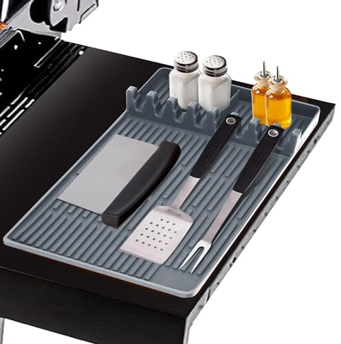 Tapis de Cuisson Barbecue, Ustensiles Barbecue Compatible avec Grille à Gaz, Tapis de Spatule en Silicone Tapis d’Etagère Latérale pour BBQ Grills Comptoirs (Gris Fin)