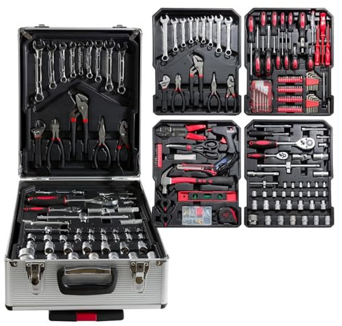 Maletín de Herramientas Profesional 1699 Piezas - Carro con Asa Telescópica y Ruedas, Caja Completa Multinivel para Taller Mecánico y Bricolaje, Organización Superior - Negro