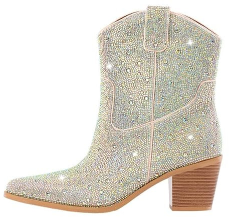 blingqueen Damen Western Stiefeletten Cowboy Ankle Boots Strass Blockabsatz Glänzend Westernstiefeletten 40 EU