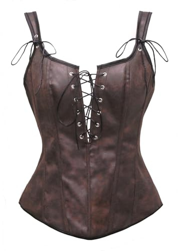 Bslingerie Womens Steampunk Black Dark Brown Faux Leather Straps Boned Corset Shapewear Crop top (UK, Alpha, M, Regular, Regular, Dark Brown)