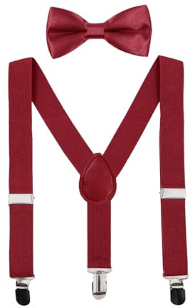CXNXFD Set di bretelle e papillon per bambini, con cinghie elastiche a forma di Y, regolabili con clip, rosso bordeaux, Taglia unica