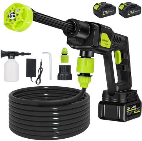 Cordless Pressure Washer Power Washer,21V High Pressure Water Gun with 2 Batteries & Charger,6-in-1 Adjustable Nozzle,5m Hose,Portable Pressure Washers for Patio and Car, Floor Garden Cleaning