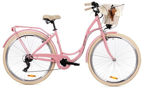 Goetze Mood Damen Citybike 28 Zoll | 18 Zoll Stahlrahmen | 7-Gang Kettenschaltung | V-Bremse | LED-Beleuchtung | Rattankorb | Gepäckträger | Komfortsattel | Tiefeinsteiger