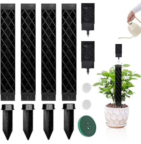 KBIBCK 4 Pcs Tuteur Sphaigne, Tuteur Monstera en Plastique, Tuteur Monstera avec Insertion à la Terre et Flacons Goutte à Goutte, Tuteur Plante Empilables pour Les Aides à Lescalade des Plantes (Noir)