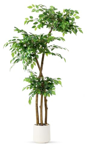 5FT Artificial Ficus Tree with White Planter and Pebbles,Faux Silk Tree with Lifelike Leaves and Realistic Trunk,Tall Fake Potted Plant for Home and Office Décor Indoor and Outdoor (5FT)