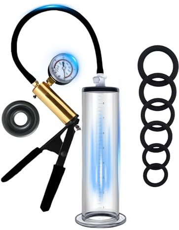 Pompes à Pénis pour Agrandir son Pénis Sex Toýs Homme Pompe a Penis Manuelle avec Poignée en Métal et Manomètre Pompe Penis avec 6 Anneaux de Pénis Extenseur de Pénis Masculin