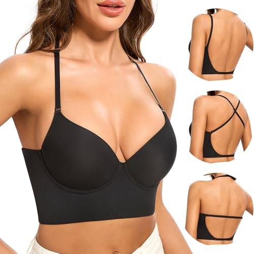 Low Back Bras for Women-Seamless Invisible Backless Bra-Secret Plunge Bra Lightly Lined Open Back Multiway Halter Bras(Black, 36D)