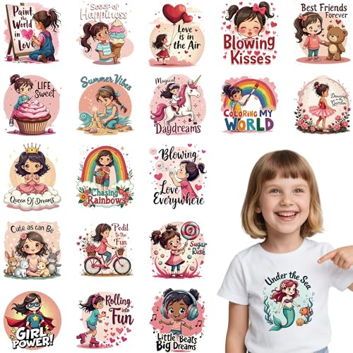 MOIZYNG 20 Sheets Girls Iron on Transfers for T-Shirts, Cute Little Girl Quotes DTF Transfers Ready to Press Heat Transfers Vinyl, Iron on Decals for Clothes Backpack Bag Pillow Covers DIY Crafts