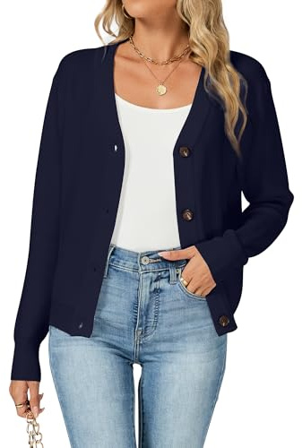 Famrrifuu Gilet Femme Cardigan avec Bouton Col en V Printemps Automne Hiver Manches Longues Veste Tricot Basique Casual Gilets, Bleu, L