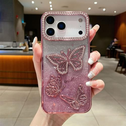 Rokmym Fodral kompatibelt med iPhone 17 söt 3D fjäril mobiltelefonfodral bling diamant glitter kamera skydd mjuk TPU stötfångare stötsäkert fodral skyddsfodral för iPhone 17, roséguld