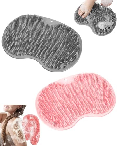 HUVZOR Cepillo masajeador de silicona para pies y espalda, apto para ducha, con ventosa antideslizante en la almohadilla. Limpia, exfolia y masajea (rosa, gris).