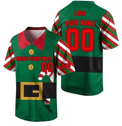 Custom Mens American Christmas Football Jersey Personalised Football Shirt Rugby Jersey Quick Dry Breathable Sports Short Sleeve Team Tee for Men Women Kids