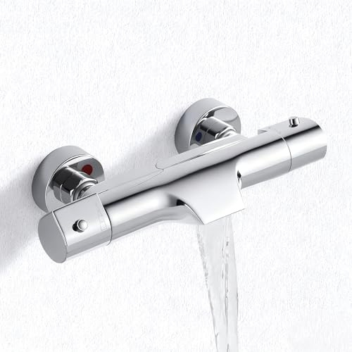 Grifo Ducha Termostático en Cascada Cromo, Grifo Termostatico Bañera con el Botón de Seguridad 38 ℃, Grifo Termostático para Bañera y Ducha de Latón con 2 Salidas de Agua, Montaje en Pared