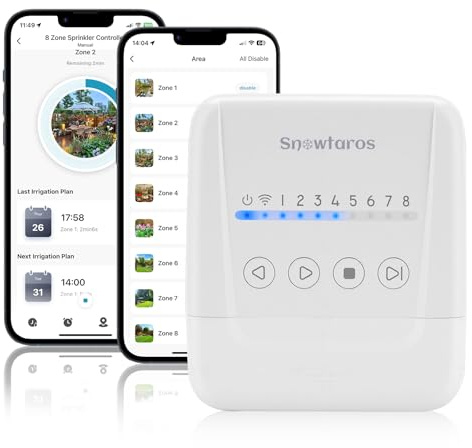 Snowtaros Controller Irrigazione 8 Zone, Controller Irrigazione WiFi con Controllo APP, Intelligenza Meteo Locale, Ritardo Pioggia, Installazione DIY Semplice, Timer Irrigazione per Giardino (8 Zone)
