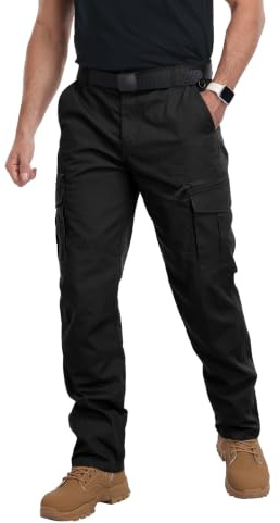 ZITY Men’s Cargo Work Trousers Heavy Duty Combat Utility Pants Multi Pocket Durable Semi Elasticated Waist with Button & Zip Fly Black