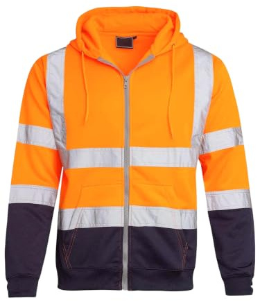 shelikes Mens Hi Vis Viz Jacket High Visibility Coat Two Tone Hooded Sweatshirt Zip Up Hoody Safety Work Top