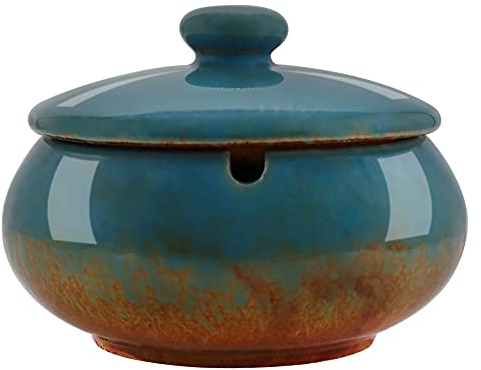 HONZUEN Aschenbecher Keramik mit Deckel Sturmaschenbecher fur Draußen, Windaschenbecher Groß Tischaschenbecher, Einfach zu Säubern Außenaschenbecher Ashtray für Garten Terrasse und Büro, Blau