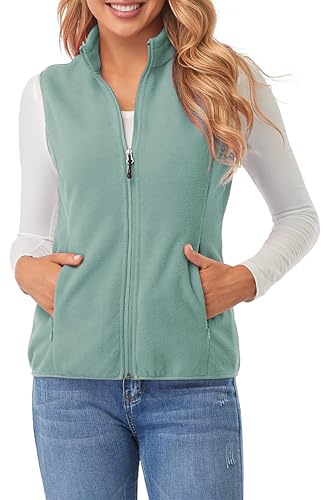 fuinloth Gilet Pile Donna - Design Semplice con Zip e Tasche - Per Commute e Outdoor - Leggero e Caldo Verde Grigiastro M