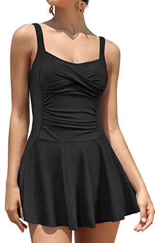 SHEKINI Costumi da Bagno Donna Un Pezzo Ruched Skirted Swimwear Regolabile Vintage Costume Intero Donna Mare Gonna da Spiaggia（M，Nero-c）