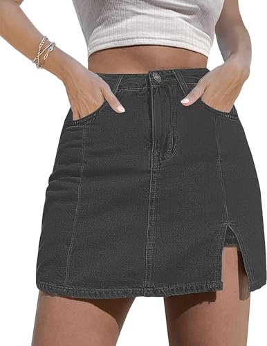NEYOUQE Jeanskjol för kvinnor, sommarkjol för kvinnor, denim kjol kort höft kjol linjekjol kort denim kjol med fickor, Färg: grå, M