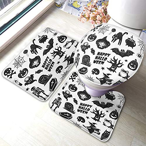 Tappetino da Bagno Set Happy Halloween Zucca Scheletro Teschio Fantasma Tomba Zucca Gufo Rospo Gatto Strega Toilet Mat Morbidi Assorbenti Tappeti E Tappetini, per Toilette, La Cucina