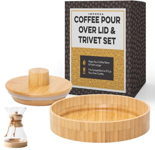 IMPRESA Coffee Pot Cover & Wooden Trivet Set Compatible with Chemex - 6 & 8 Cup Carafes Heat-Retaining Lid for Pour Over Coffee Maker - Insulating Trivet for Carafe