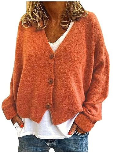 Women's Knitted Cardigan Sweater Plus Size Button Down Cardigan French Cashmere Casual Jacket V Neck Cropped Jumper Solid Loose Open Front Knitwear Ladies Knitted Jacket Orange 3XL
