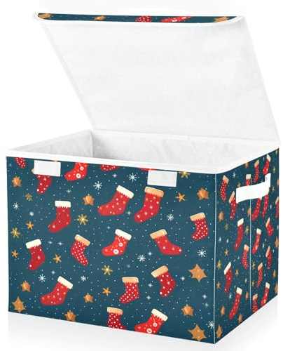 senya Large Storage Bins with Linen Christmas Stars Stockings Collapsible Foldable Storage Cubes Fabric Closet Organizer Containers Box with Flip-Top Lid for Home Bedroom Office 16.7 x 12.6 x 11.8in