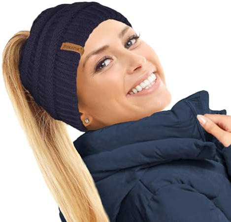 TOSKATOK Bonnet de queue-de-cheval en polaire thermique pour femme doublé en polaire Teddy, bleu marine, Taille unique