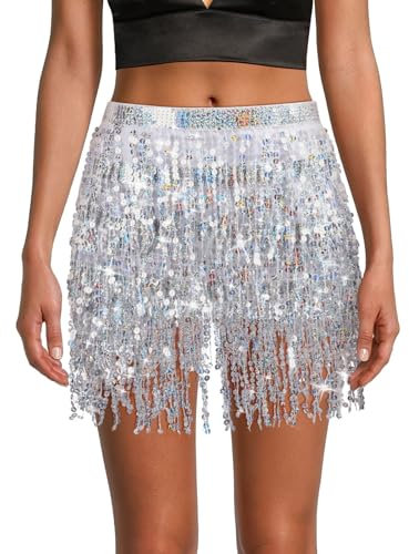 OFFCUP Glitzer Pailletten Quasten Rock für Bauchtanz, Damen Fransen Festival Glitzerrock, Rave Kostüm, Quastenrock für Fasching Karneval Party - Silber (Maximaler Taillenumfang 80cm)