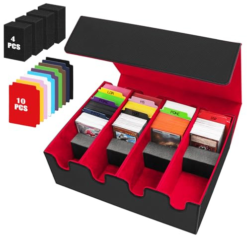 Scatola per Carte per Oltre 2800+ Carte, Scatole per Carte Collezionabili con 24 Divisori Colorato, Scatole per Mazzi Magnetici Premium, Custodia in pelle PU per Carte Magic the Gathering(Nero Rosso)