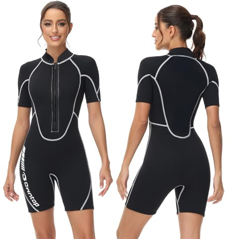 Owntop Traje de neopreno corto de 3/2 mm para mujer - Cremallera frontal Wetsuit para buceo, surf, trajes de buceo de manga corta Neopreno elástico para deportes acuáticos, Mujer Negro L