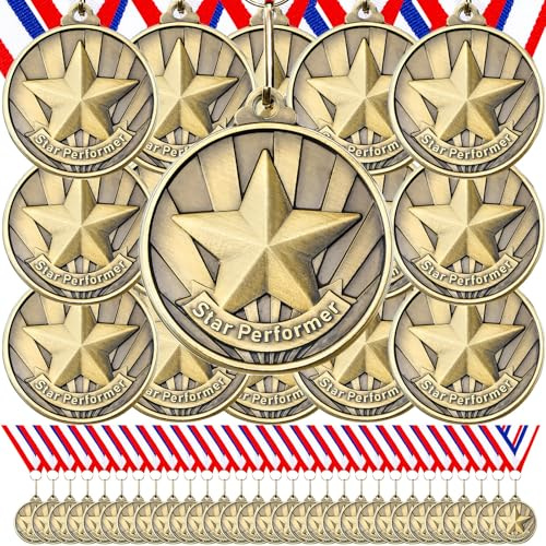 Quelay 60 Pcs Gold Award Medals with Neck Ribbons 2 Inch Winner Medals Awards Bulk Metal Trophy Award Prize Gift for Adult Competitions Education Tournaments Event