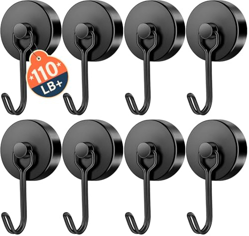 FINDMAG Magnetic Swivel Hooks 110lbs+ Strong Heavy Duty Magnets, Cruise Cabin Essentials, Fridge, Kitchen, Grill, Classroom, 8 Pack (Black)