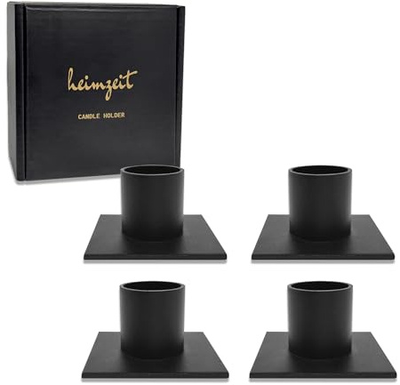 heimzeit Portavelas de Metal para Velas de Columna Ø25 mm y Velas de Mesa [4 Unidades, Cuadrado] Color: Negro, Diseño Distinguido, Candelabro para una Elegante Decoración del Espacio