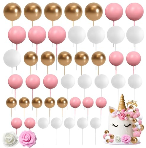 48 Bolas de Espuma para Decorar Tartas - 3 Tamaños - Colores Rosa, Blanco y Oro - Para Aniversarios, Bodas y Cumpleaños - Topper DIY para Cupcakes