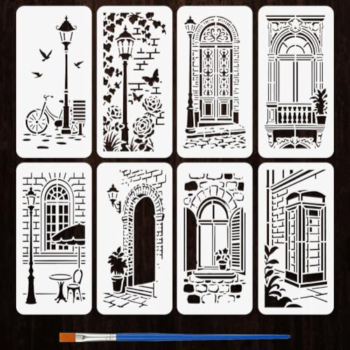 FINGERINSPIRE 8PCS French Street Scene Stencils 12x24cm with a Brush Windows Street Lamps Stencils Vintage Drawing Templates for Wood Walls Fabric Painting DIY Home Decoration