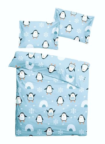 JACK Fein Biber Bettwäsche Baby 2 TLG. 100x135cm Pinguin Iglu Antarktis Blau mit Reißverschluss