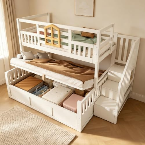 Su & Chan Legence Bunk Bed for Kids, House Shaped Bed with Hydraulic Storage and Storage Stairs, Wooden Bed Frame with Slats and Guardrail, No Mattress, 90x190 + 135x190cm, White